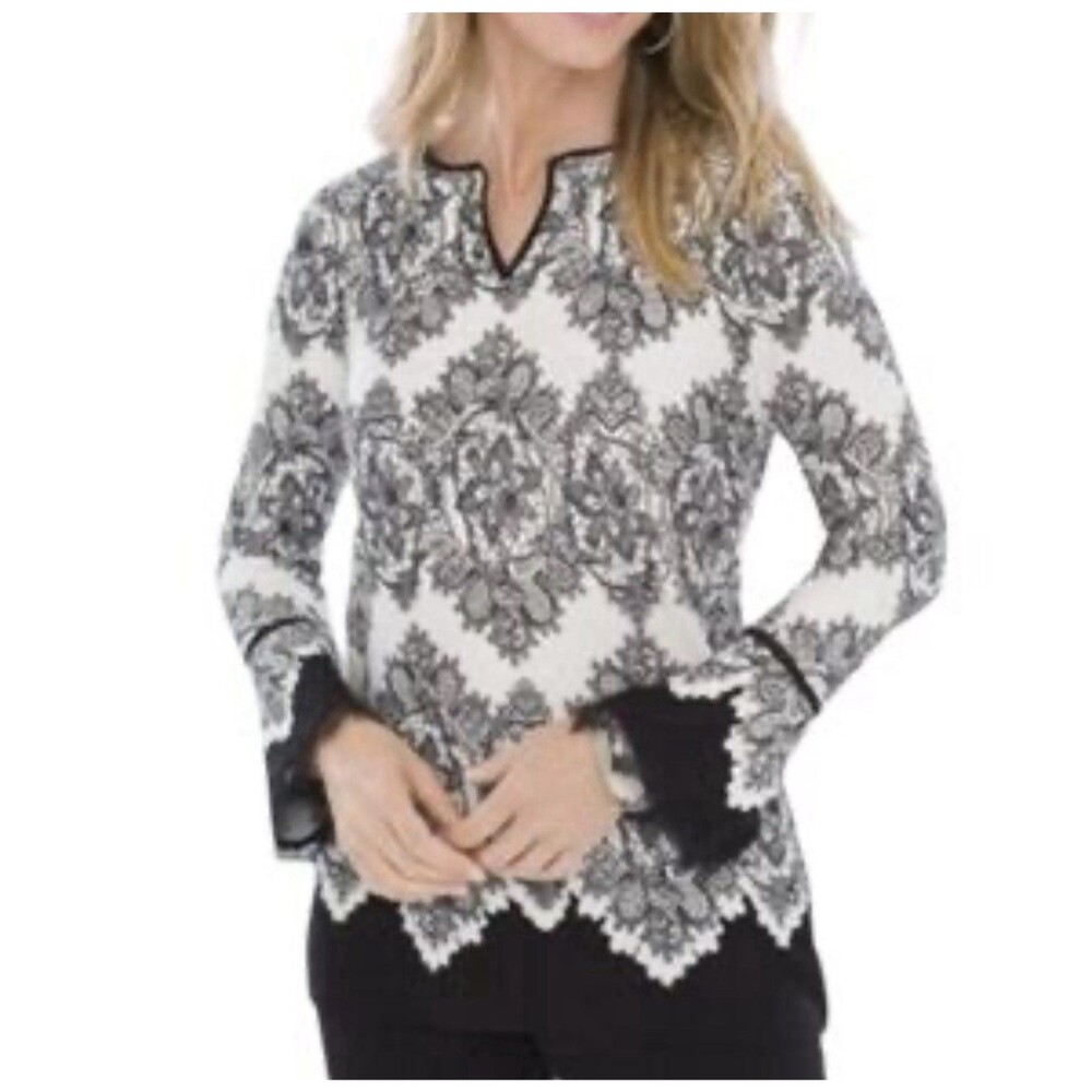 Chico’s Black-And-White Bell Sleeve Top Size Large Or Chico’s Size 2